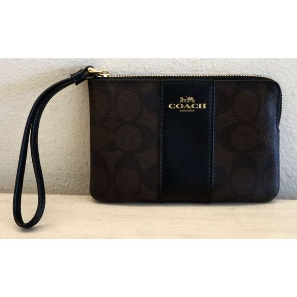 Coach F58035 Signature Canvas Gold/Brown Black Corner Zip Wristlet Clutch - Picture 1 of 11